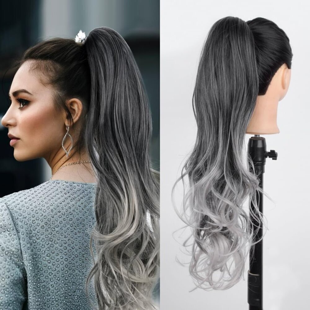 20-inch Synthetic Grey Ponytail Extensions Curly Wavy Clip-In for Women